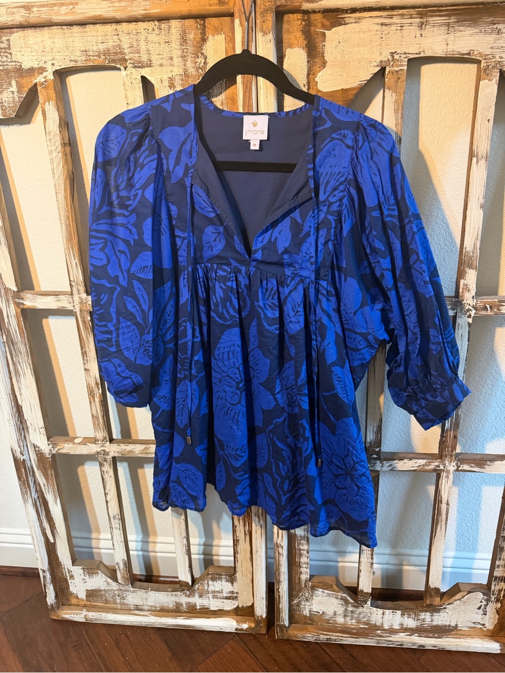 J. Marie Collections 100% Cotton Blue Floral V-Neck Peasant Blouse